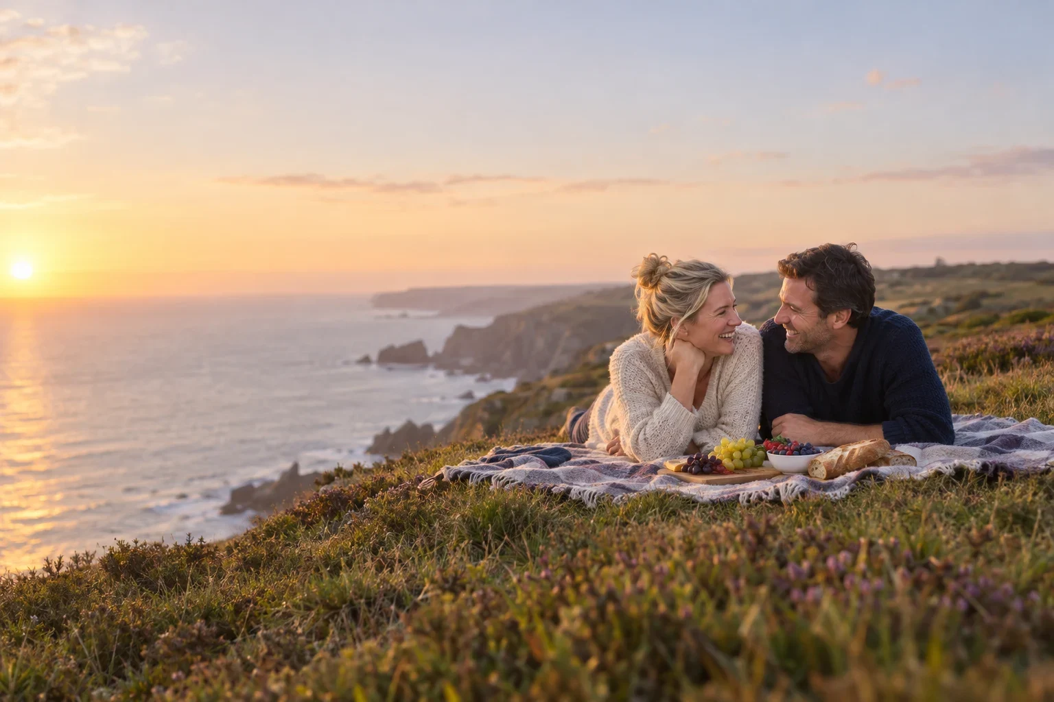 A couple laughing over a picnic at a clifftop overlook at sunset