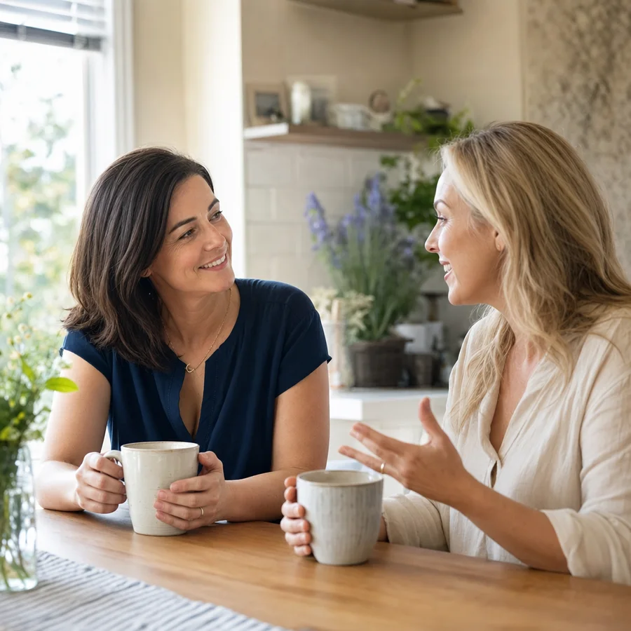 Two women talking over coffee at a sunlit kitchen table