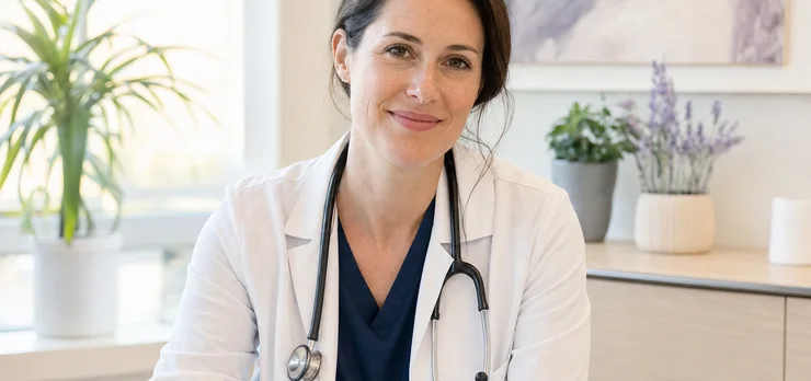 A physician in a bright clinic room
