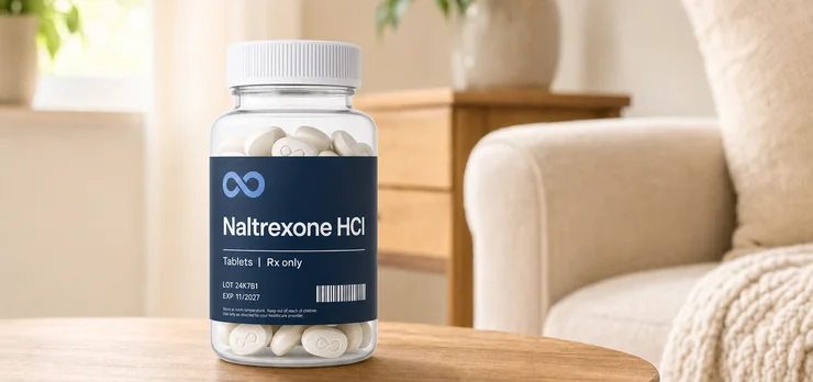 Naltrexone bottle on a side table at home