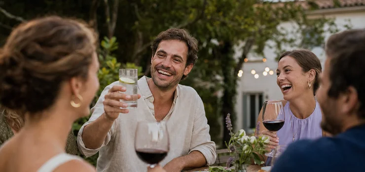 A man at a backyard dinner raising a glass of sparkling water with friends