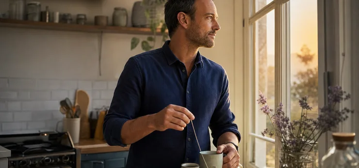 A man making tea in a bright kitchen in the evening