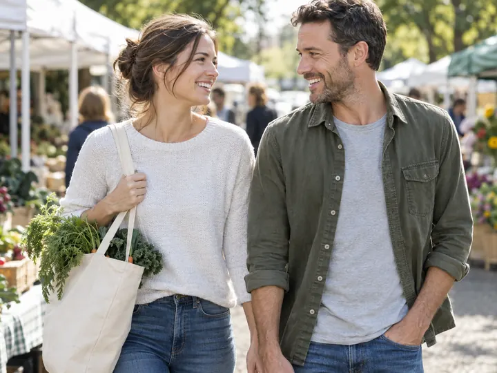 A couple at a Saturday farmers market