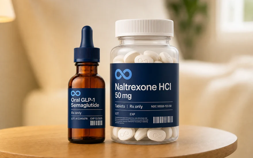 Oral GLP-1 drops beside naltrexone tablets