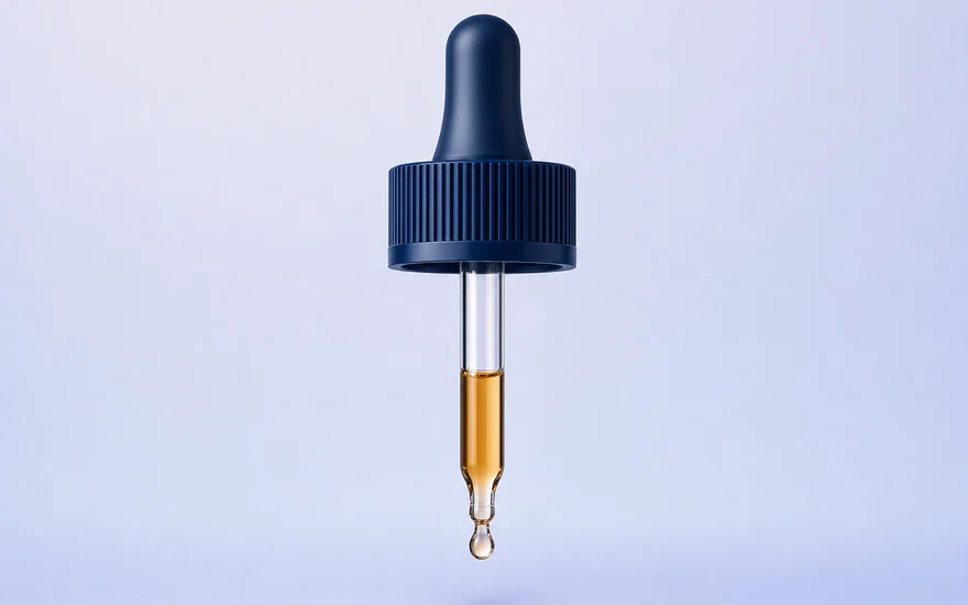 The glass dropper, with a single drop forming at the tip