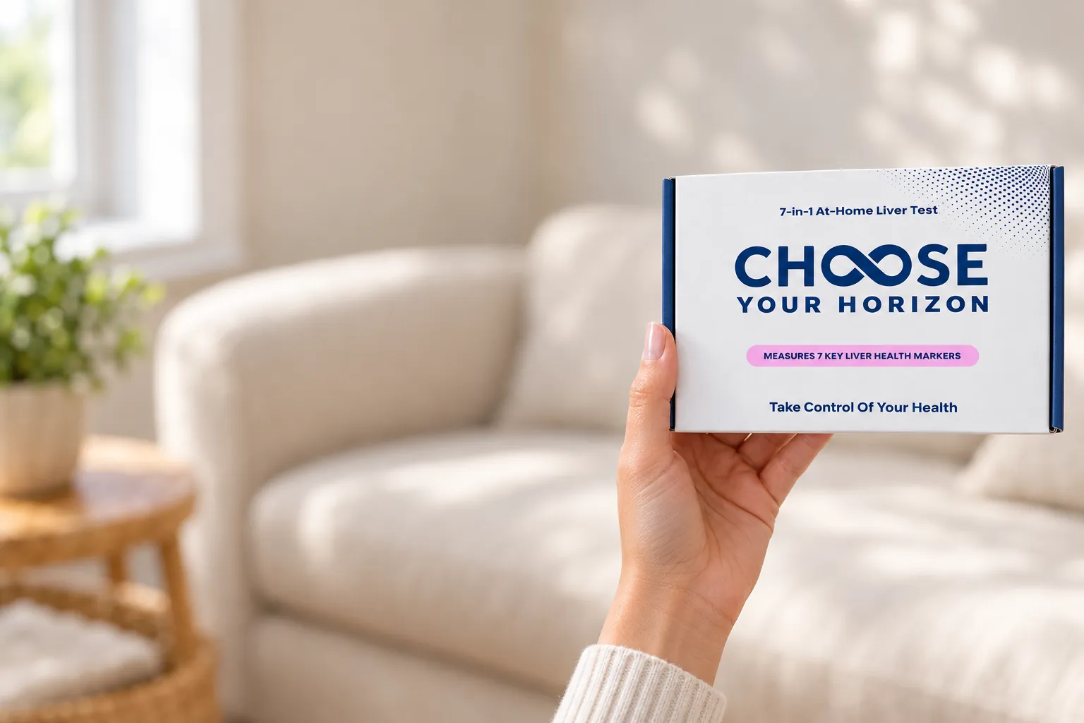 A woman holding the Choose Your Horizon 7-in-1 at-home liver test kit