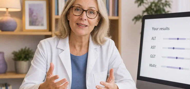 A clinician on a video call, talking through results