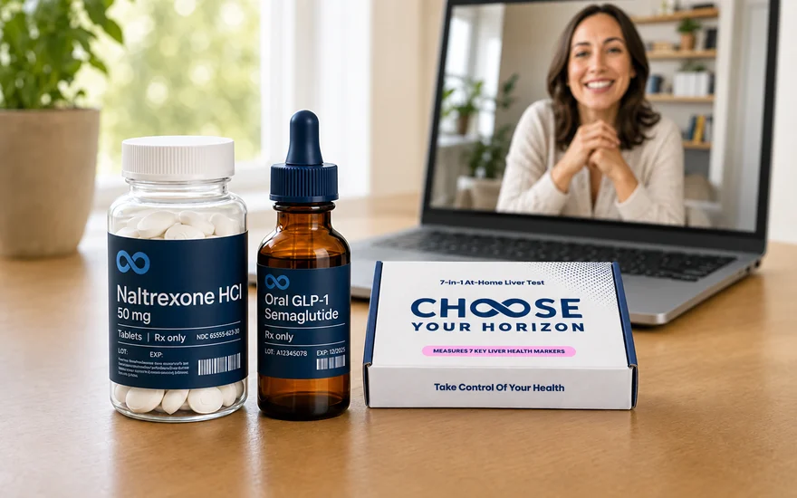 Naltrexone, oral GLP-1 and the at-home blood test kit beside a coaching call on a home desk