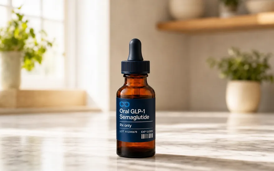Oral GLP-1 drops on a kitchen counter in morning light