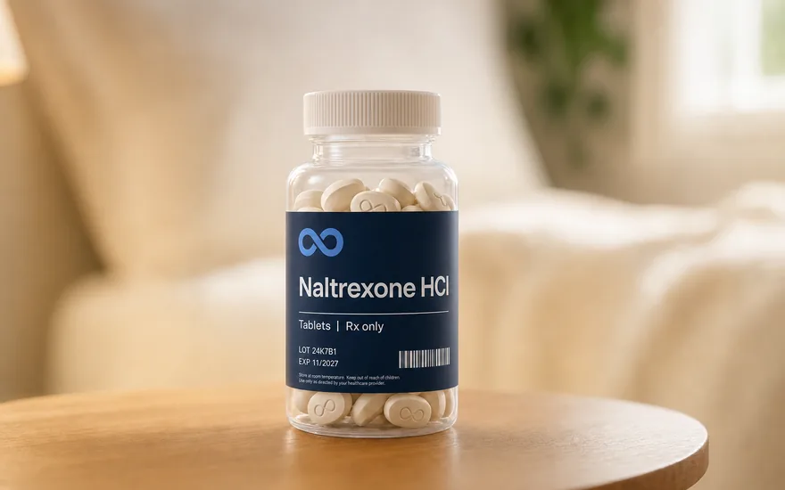 Naltrexone HCl on a bedside table in morning light