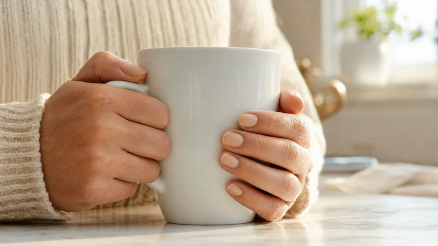 Hands cradling a warm mug in morning light