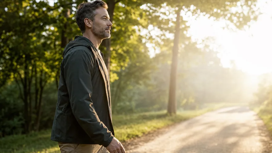 A man walking into morning light on a quiet path